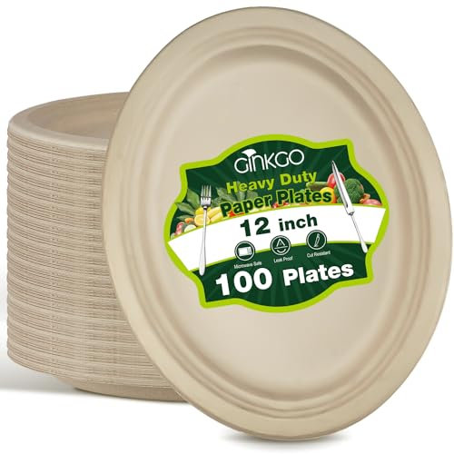 Ginkgo Paquete de 100 platos ovalados de papel desechables de 12 pulgadas, platos de papel grandes a granel para cena, barbacoa, fiesta, picnic y postre