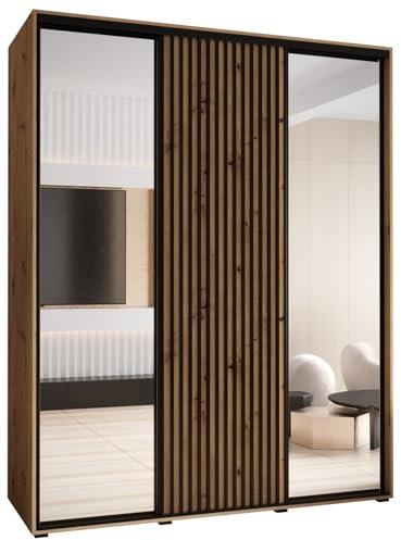 MEBLE KRYSPOL Sapporo 2 Moderner Schrank mit DREI Schiebetüren mit Spiegel, Stange, Regalen - Aufbewahrungsschrank für Schlafzimmer, Wohnzimmer - 205,2x190x60 cm - Artisan Artisan Schwarz