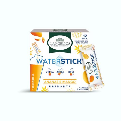L'Angelica, Waterstick, Gusto Ananas e Mango, Drenante, Con Vitamine e Minerali, Contro Stanchezza e Affaticamento, Zero Zuccheri & Zero Calorie, Senza Conservanti, 1 Astuccio da 12 Stick