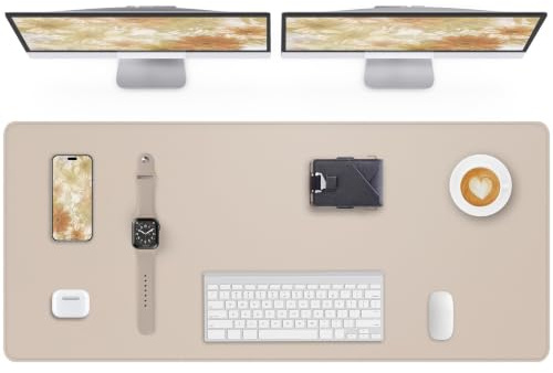 AFIING Schreibtischunterlage aus PU Leder, Große Mausmatte, Rutschfest & Wasserdicht, Tischunterlage für Büro, Homeoffice und Studium (120 x 43 cm, Beige)