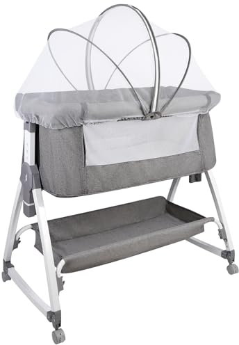 HUOLE Culla Fianco Letto, Lettino co-sleeping per Neonati, Regolabile in 6 Posizioni di Altezza, con Ruote Girevoli a 360°, Cestello Portaoggetti e Zanzariera-80 * 40 * 100-115 cm-lino
