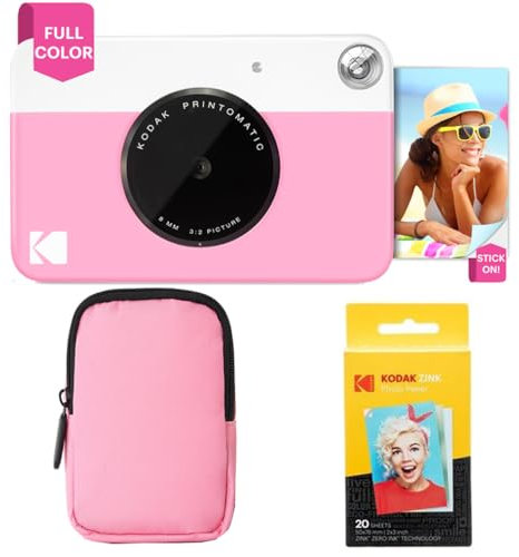 KODAK Printomatic Pack de démarrage pour Appareil Photo à Impression instantanée Couleur + étui Souple + Lot de 20 papiers Photo Zink - Photos colorées sur Papier Autocollant 2 x 3 Pouces - Rose