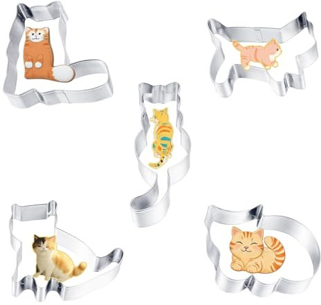 Prasacco 5 Stück Katze Ausstecher, Plätzchen Ausstecher aus Edelstahl 5 Stile Silberner Katze Ausstechformen Set DIY Tiere Keksausstecher für Kinderbacken, Kindergeburtstage, Katzen-Mottopartys