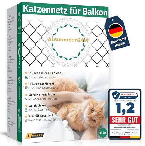 Premium Katzennetz für Balkon - 3x4m in Olivgrün Extra Drahtverstärkt, Katzenschutznetz mit oder ohne Bohren Fensternetz Balkonnetz für Katzen Schutz Katzenschutz Fensterschutz Schutznetz, Cat Net