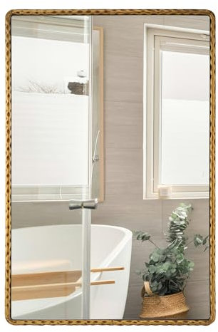 CAVINHOME 61 x 91 cm antiker goldener abgerundeter rechteckiger Badezimmerspiegel, gehämmerter Metallrahmen, Wandspiegel, Vintage, dekorativer goldener Schminkspiegel für Badezimmer über Waschbecken