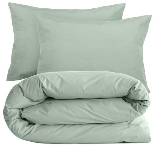 Parure de lit 280x240 cm et taie 50x70 cm Percale MANOIR Vert Lichen