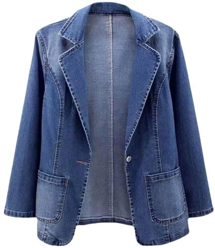 Generisch Damen Jeansblazer Lang Übergangsjacke Elegant Jeansmantel Große Größen Blazer Slim Fit Denim-Jacke Vintage Bikerjacke Revers Streetwear Jacke Locker Damenjacken Jeans-Blazer Jeanshemd