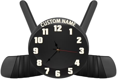 Collienght Personalisierte Hockeyschläger und Puck-Wanduhr, individueller Name, 3D-Design, Hockey-Puckuhr, Sport-Thema, Heimdekoration, Geschenke für Sport-Fans, Männer, Kinder, Weihnachten, Vatertag