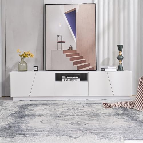 Jaxenor 170cm TV Schrank mit 4 Türen, TV Board mit 1 Schublade, Fernsehschrank mit Ofenen Fächern, Fernseher Schrank für Wohnzimmer, TV Lowboard, Diagonaler Patchwork-Stil, Weiß
