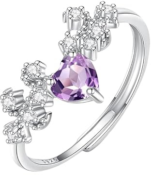 LCDIUDIU 925 Sterling Silver Rings for Women,Heart Shaped Natural Topaz Amethyst Ruby Solitaire Engagement Ring for Women Cz Star Planet Band Adjustable Anniversary Wedding Promise Band Amethyst