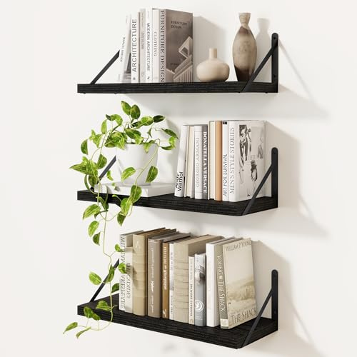 Feihorrm 3er Set Bücherregal, Wandregal Schwarz, Regal 40cm Breit | Wandregal Holz, Bücherregal Wand, Regale für Wände, Bücherregal Holz für Wohnzimmer, Schlafzimmer & Arbeitszimmer