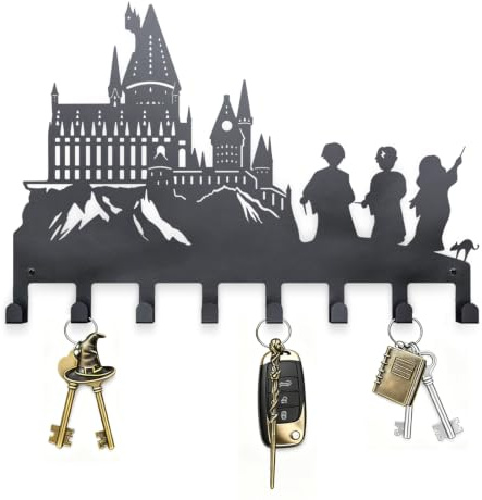 LALALANHOME DE1-CS9 Schlüsselbrett Silhouette Zauberer Zauberschloss Zauberwelt Schmiedeeisen Schwarz mit 8 Haken Schlüsselhalter Schlusselbretthaken HP Fans Geeignet für Küche Arbeitszimmer