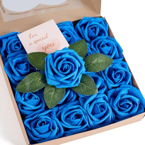 Sahoottie Blaue Künstliche Rosen Fake Schaumstoff Rosen Köpfe mit Stiel Kunstrosen Blumen Deko Fake Blumen für Hochzeit Sträuße Mittelstücke Arrangement Party Weihnachtsschmuck und Home Decor (16PC)