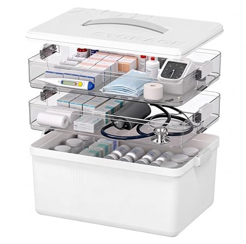 Kerhouze 3-Regal Medikamenten Aufbewahrung, 33.5X22X24.5cm Medikamentenbox mit Tragbarer Ledergriff, Multifunktionale medikamenten organizer für Haushalt, Hobby, Medizinschrank