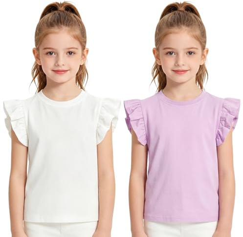 FILOWA T-Shirt Bambina Ragazze Set di 2 Cotone Maglietta, 4-10 Anni | Collo Rotondo, Manica Farfalla, Casual Top, Morbido Tee, Unicolore, Scuola Parco, Estate Abbigliamento per Ragazza Bambine