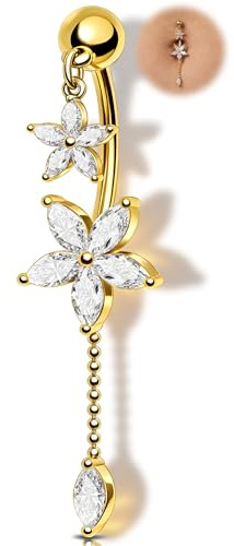OUFER 14G 10 mm Gold Bauchnabelpiercing Schmuck Blume Bauchnabelring Chirurgenstahl 316L Piercing Bauchnabel mit Anhänger Klar CZ Belly Button Piercing für Frauen