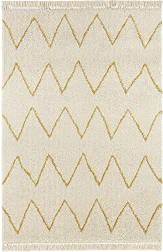 Teppich Ruby Hochflor Wohnzimmer-Teppich Weich Flauschig Langflor Shaggy Flokati Skandi Zickzack Muster mit Fransen für Kinderzimmer Schlafzimmer Küche Flur Creme Gold 80x200 cm