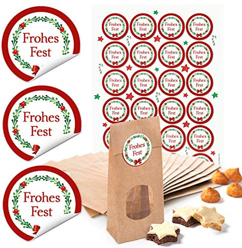 Logbuch-Verlag 24 kleine Papiertüten braun m. Fenster + Boden 7 x 4 x 20,5 cm + 24 runde Aufkleber 4 cm FROHES FEST rot grün Verpackung weihnachtlich…