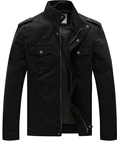 WenVen Homme Veste en Coton Coupe-Vent Blouson d'Extérieur Décontractée Manteau Classique Elégant Veste Militaire Manteau Randonnée Automne Noir 3XL