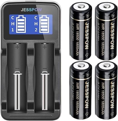 18500 Rechargeable Battery with Charger, JESSPOW IMR 18500 Rechargeable Li-ion Batteries 1600mAh 3.7V with Button Top for Flashlight, Solar Garden Light (4 Pack)