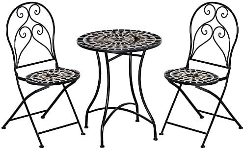 Outsunny 3 Pieces Garden Bistro Set with Coffee Table and 2 Folding Single Chairs, Mosaic Garden Table Top and Seats, Metal Frame, for Patio Balcony, Black