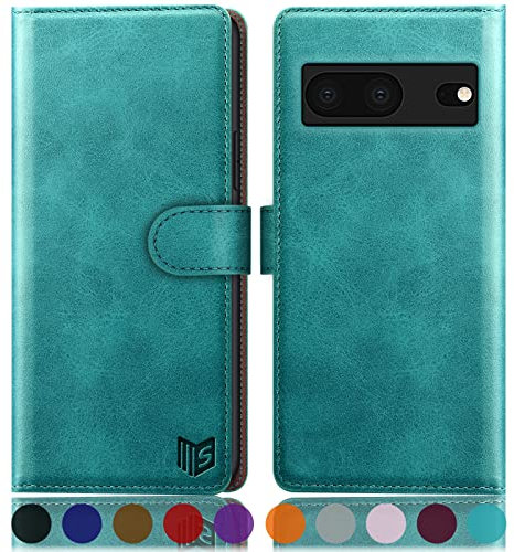 SUANPOT [RFID Schutz für Google Pixel 7 5G Hülle PU Leder Handyhülle Lederhülle Klapphülle Kartenfach Flip Cover für Pixel 7 Handy hülle Leather Wallet Phone Case (Blau Grün)