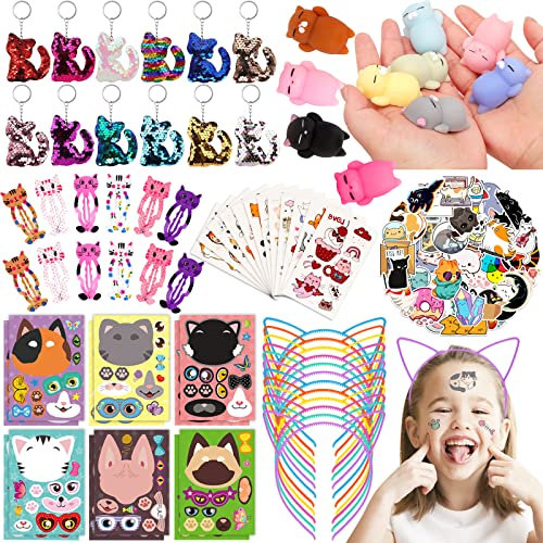 BOIKOKY 122Pcs Katzenparty Zubehör für Kinder - Katzen Themen Geburtstagsfeier Zubehör, Katzenohren Stirnband, Umdrehbarer Pailletten Katzenschlüsselanhänger, Katzen Tattoo Sticker für Mädchen