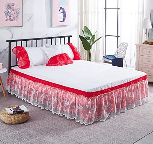Surwin Dentelle Cache-Sommiers Jupe de lit à Volants, Jupe de Lit Élastique Robuste et élastique Microfibre Style Enveloppant Facile a Mettre et à Enlever, Jupe de lit (Rouge,200x220x40cm)