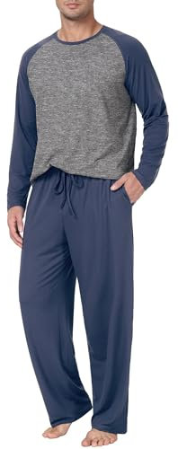 PrinStory Mens Pyjamas Set Lightweight Mens Nightwear Soft Long Sleeves T-Shirt Long Bottoms Pjs Breathable Lounge Set Sleepwear Gifts For Men (Navy Blue, XL)