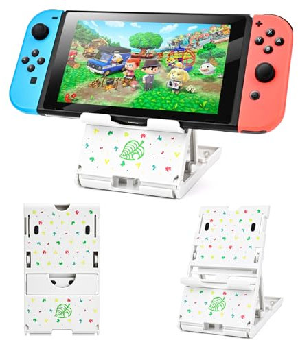 DLseego Switch Stand Suitable for Switch/Switch OLED/Switch Lite, Cute Animal Crossing Leaves Angle Adjustable Holder Kickstand, Portable Foldable Non-Slip Non-Shake Anime Bracket - White
