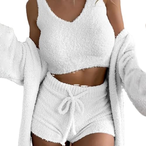 Lumiscent Strickset, 3-teiliges Lounge-Set für Damen, passende Outfit-Sets, Damen-Pyjama-Sets, sexy Crop-Tops mit U-Ausschnitt und hohem Bund, Hose mit offener Vorderseite für Damen