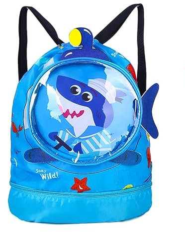Rayson Sac à Cordon Enfant de Natation Cartoon Sac à Dos de Plage Plongée Sac de Sport pour Enfants Imperméable Sac de Sport Étanche à Sec et Humide Plage Piscine Voyage Natationavec Poche,Requin bleu