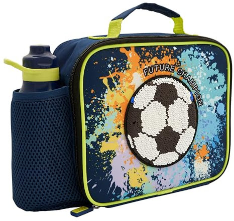 Polar Gear Football Lunch Bag with 400ml Kids Water Bottle Sequin Cooler Combo, Polyester, Multi-Colour