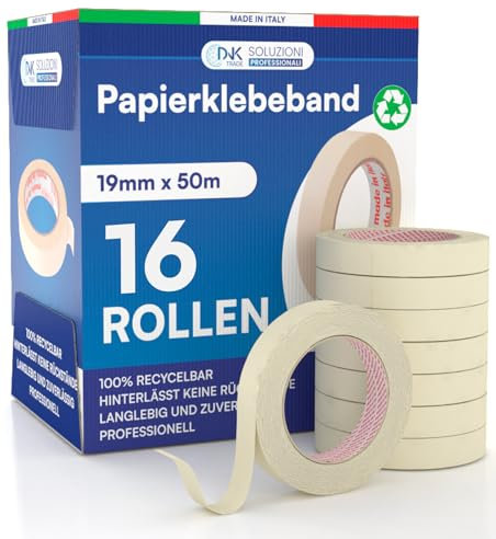 16x Ruban de Masquage 19mm x 50m - Pour Peinture et Masquage - Adhésif Sans Laisser de Résidus - Ruban Papier pour Peintres