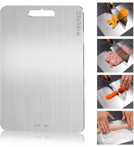 Tabla de cortar de titanio, tablas de cortar de acero inoxidable 304 para cocina, tabla de cortar de titanio de doble cara de grado alimenticio para cortar carnes, frutas y verduras(34 x 23 cm)