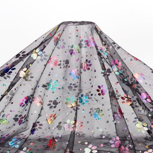 AHANDMAKER 3 Yard Stoff Mit Pfotenabdruck Netzspitze Französische Tüllspitze 63(5) cm Breit Pfotenabdruck Schwarzer Stoff Zum Quilten DIY Halloween Kleid Haustierkleidung
