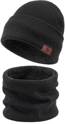 Wnddle Jungen Beanie Mütze und Schlauchschal 2er Set, Mütze Schal Set Junge, Wintermütze Herren Schal Set, Mütze Herren Winter, Herren Schal Winter, Strick Wintermütze Winterschal für Herren und Damen