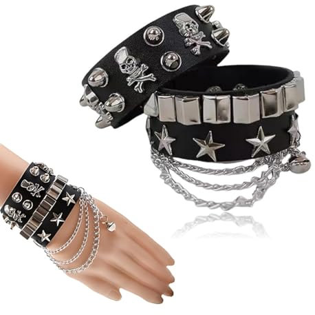 2 Pièces Lot de bracelets réglables en cuir unisexe avec clous en métal style biker Bracelets Punk Cloutés en Cuir Noir Hommes Femmes Bracelet à Pointes Bracelet à Manchette Clouté Bracelet Punk Rock