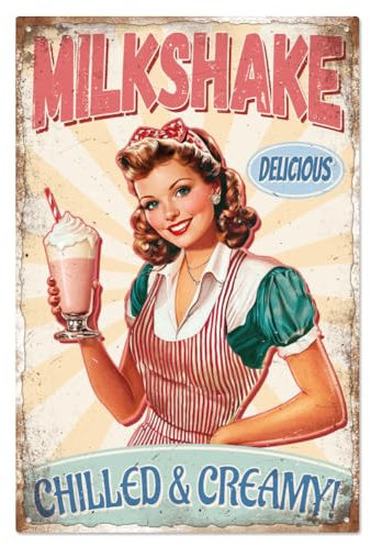 WADORN Pinup Lady Milkshake Metal Tin Sign, Chilled and Creamy Vintage Metal Sign Sweet Drink Painting Wall Art Poster Plaques Decor for Dining Hill Kitchen Cafeteria Bakery Restaurant, 7.8x11.8 Inch