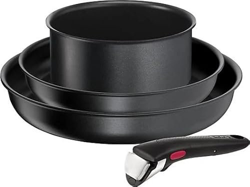 Tefal Ingenio Jordi Cruz - Juego de 2 Sartenes 22/26 cm + Cazo 16 cm + Mango extraíble | Apto inducción, antiadherentes, revestimiento de titanio, apilables, Thermo-Signal, apto lavavajillas y horno