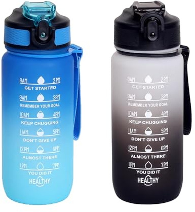 BierEx Trinkflasche Kinder 600ML, BPA-Frei Tritan Wasserflasche mit Strohhalm, Sport water bottle mit Zeitmarkierung für Fitness, Schule, Yoga, Outdoor (2 Stück Blau-hellblau, Weiß-schwarz)