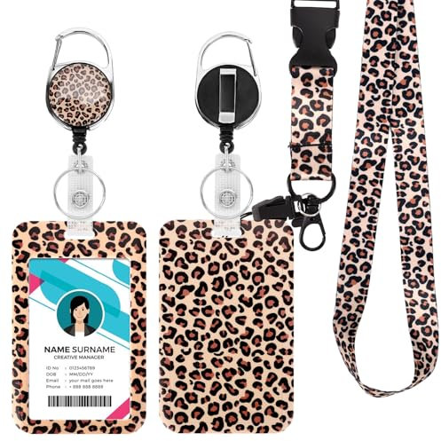 Ausweishülle mit Band, Id Badge Holder Breakaway Lanyard für, Einziehbare Badge Reel, Abnehmbare Namensschild Clips, Hals Lanyard Strap, Lehrer Büro Geschenke (Leopard)