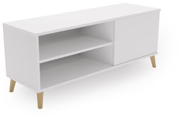 KOBI Viva Armoire TV, Blanc, 110 cm | Style scandinave | Pieds en Bois | Meuble sur Pied