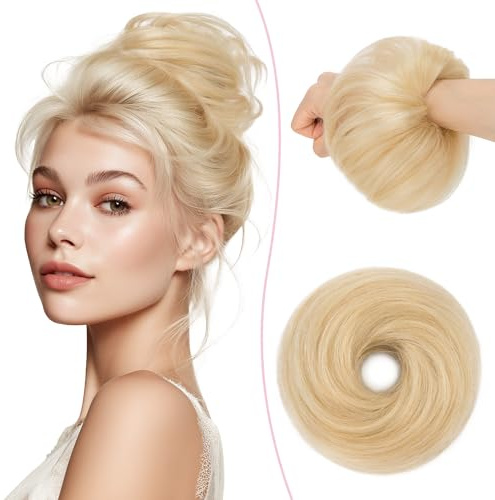 SEGO Pro 25g Echthaar Haarteil Glattes Haargummi Gelockt Unordentlich Dutt Extensions Echthaar Haarteil Haargummi Hochsteckfrisuren, 60#Platinblond
