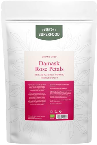 Everyday Superfood Organic Damask Dried Rose Petals 35g | Edible Food Grade | Rose Tea Loose Leaf | Herbal Tea, Jam Making, Bath Soak, Cake Decoration
