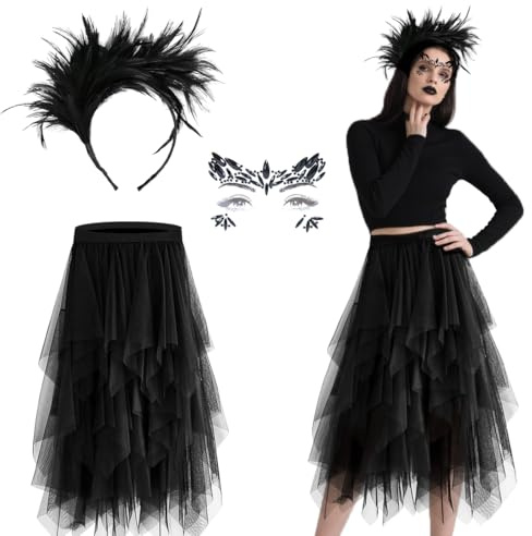 MorLuks Schwarz Federn Kostüm, Feder Haarschmuck, Federboa, Federfächer, Langer Tüllrock, 20er Jahre Kostüm Damen, Black Swan Kostüm für Halloween Fasching Karneval Cosplay Hochzeit Party