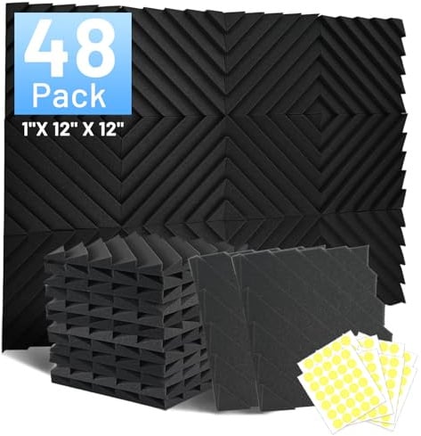 48 Pack Sound Proofing Panels, 1 X 12 X 12Acoustic Wall Panels, Soundproofing Acoustic Foam Panles, Sound Proof Panels, Sound Absorbing Panels for Studio, Home, Office, with Double Sided Tape