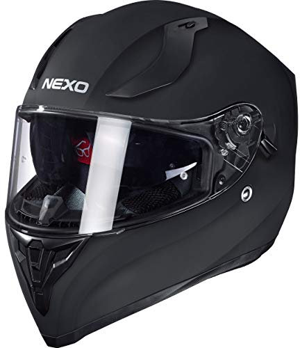 Nexo Integralhelm Motorradhelm Helm Motorrad Mopedhelm Sport II, herausnehmbare Polster, mehrfache Be-, Entlüftung, Windabweiser, klares Visier, Ratschenverschluss, Gewicht: 1.350 g, matt Schwarz, L