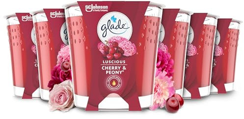 Glade Jar Candle, Scented Candle Infused with Essential Oils, Up to 42 Hour Burn Time, Cherry & Peony, Pack of 6 (6 x 129g)