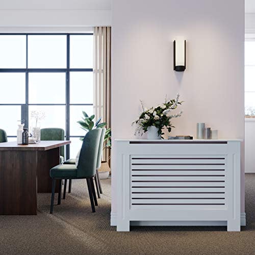 ELEGANT Radiator Cover Horizontal Slat Radiator Shelve White Painted Modern MDF Cabinet for Living Room Bedroom, Medium
